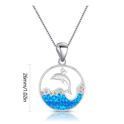 Olivenorma Blue Opal White Zircon Ocean Dolphin Pendant Necklace