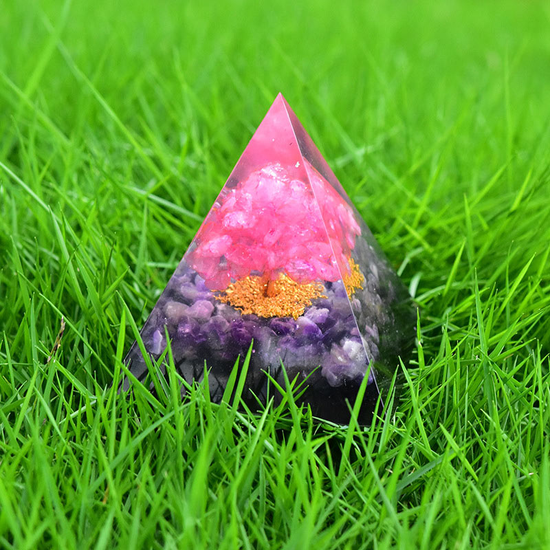 Olivenorma Tree of Life Amethyst Obsidian with Pink Crystal Orgone Pyramid