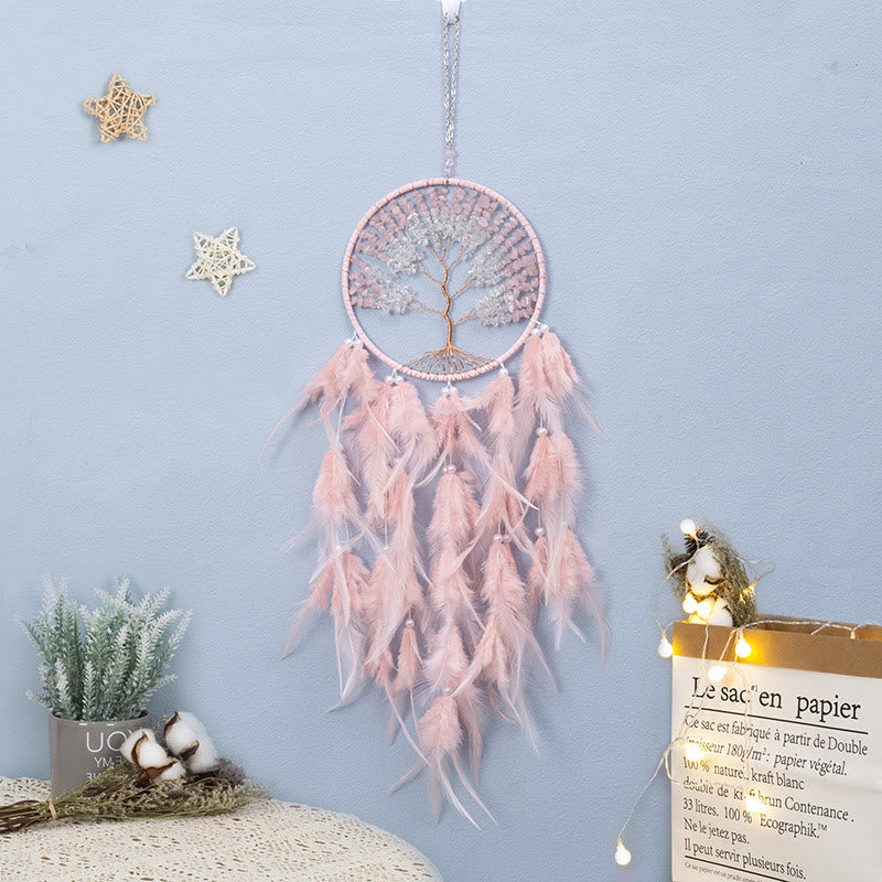 Olivenorma Crystal Tree of Life Pink Feather Dream Catcher