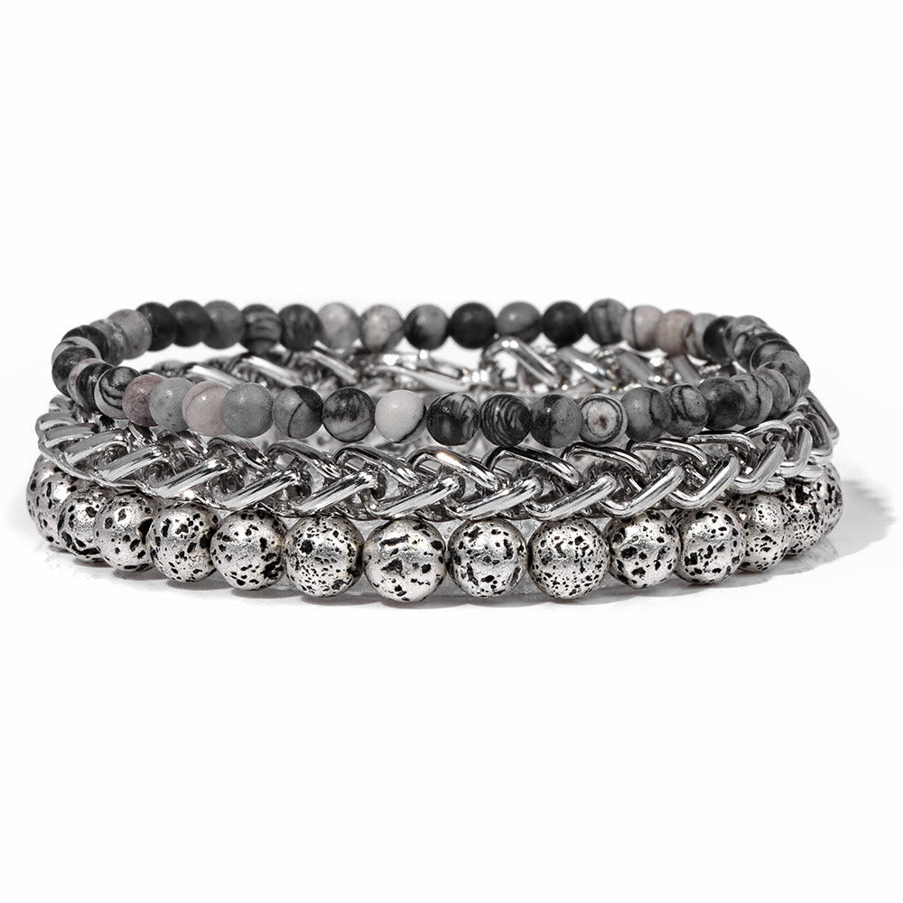 Olivenorma "Peace And Calm" Silver Lave Stone Bracelet Set