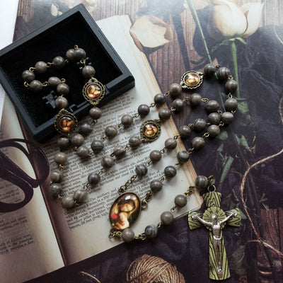 Olivenorma Black Wood Grain Rosary Holy Medal Cross Necklace