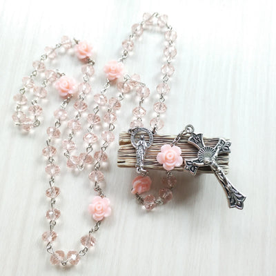 Olivenorma Rose Quartz Jesus Cross Pendant Rosary Necklace