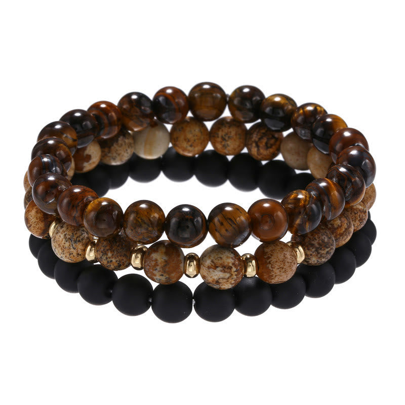 Olivenorma 3Pcs Picture Jasper Tiger Eye Black Onyx Beaded Bracelets