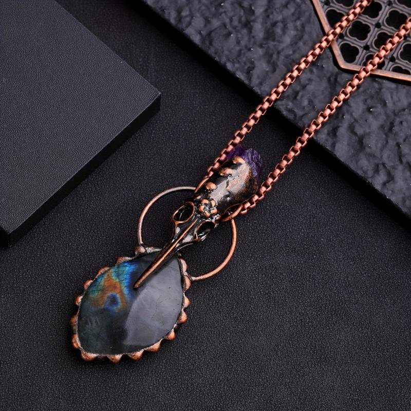 Olivenorma Copper Hummingbird Head Amethyst Labradorite Gemstone Necklace