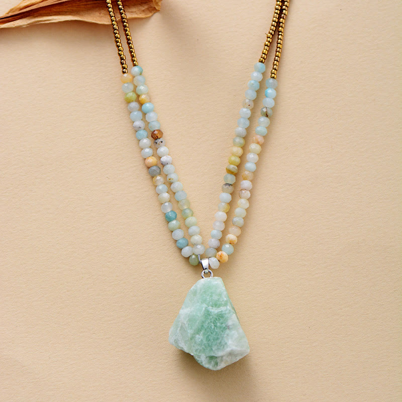 Olivenorma Natural Amazonite Pendant Double Chain Necklace