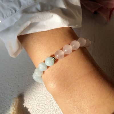 Olivenorma Natural Rose Quartz Aquamarine Beaded Elastic Bracelet