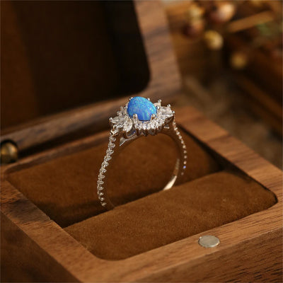 Olivenorma White Blue Opal Sunflower Design 925 Silver Ring