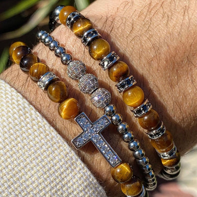 Olivenorma 3Pcs/Set Tiger Eye Stone Beaded Men Cross Bracelet