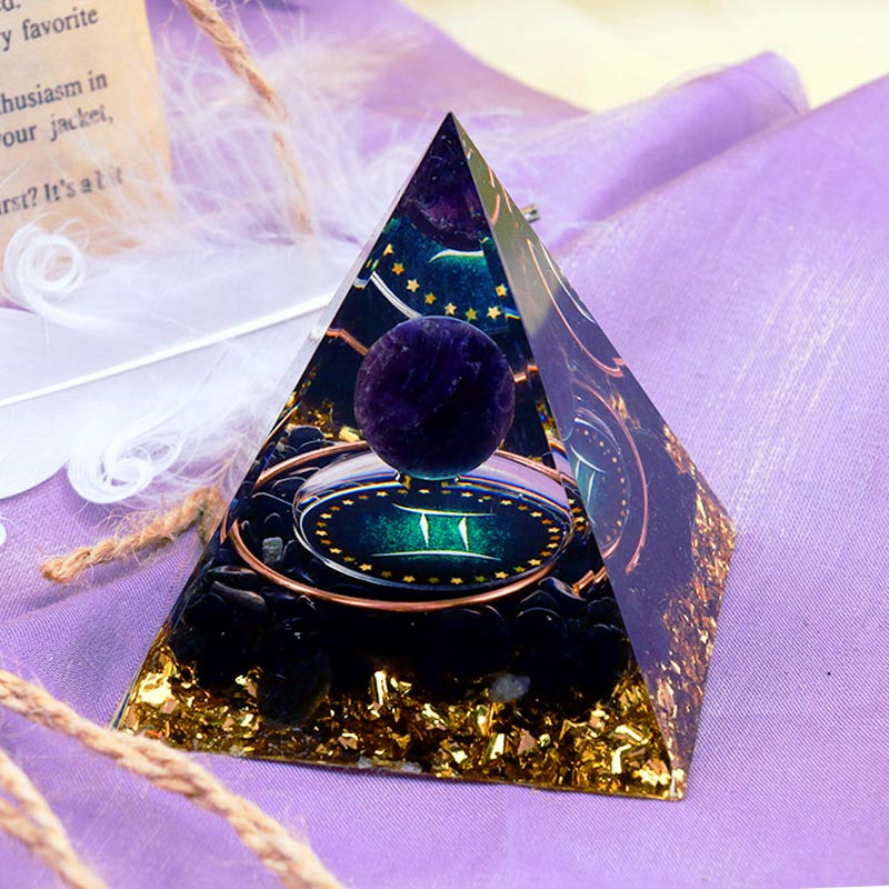 Olivenorma Amethyst Sphere With Obsidian Zodiac Gemini Orgone Pyramid