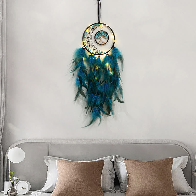 Olivenorma LED Turquoise Tree Of Life Feather Dream Catcher