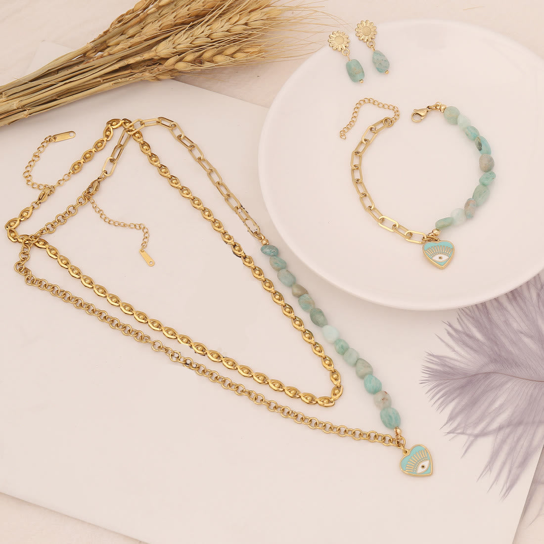 Olivenorma Natural Amazonite Evil Eye Necklace Bracelet Earrings Set