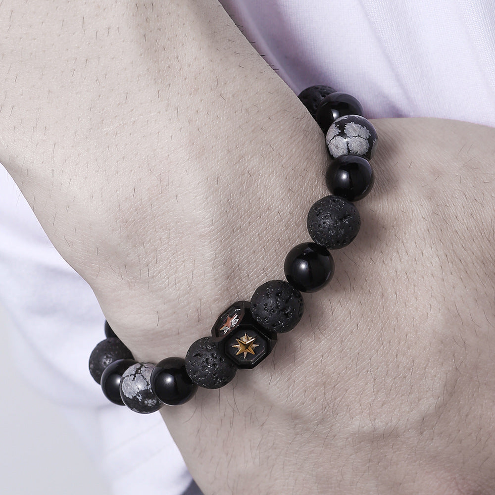 Olivenorma Lava Stone Snowflake Obsidian Eight-pointed Star Men Bracelet