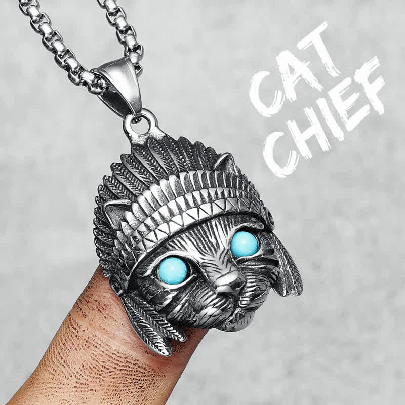 Olivenorma Chief Cat Stainless Steel Blue Turquoise Eye Rock Punk Necklace