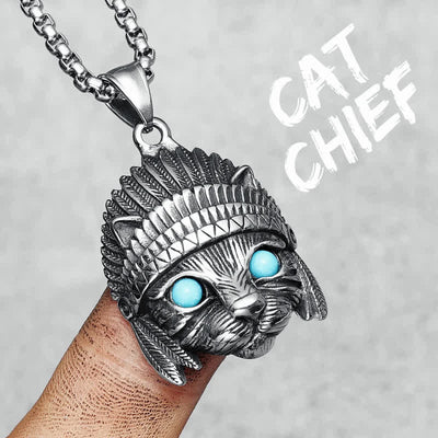 Olivenorma Chief Cat Stainless Steel Blue Turquoise Eye Rock Punk Necklace