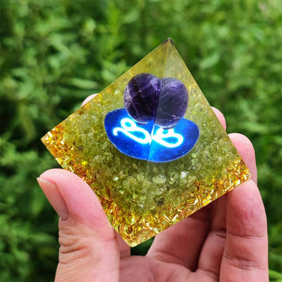 Olivenorma Amethyst with Peridot Leo Zodiac Orgone Pyramid