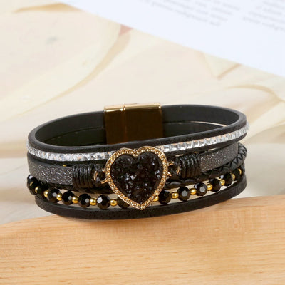 Olivenorma Heart Shape Cluster Multilayer Braided Leather Bracelet