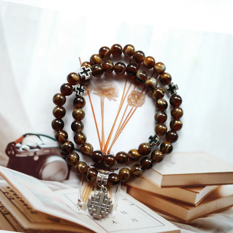 Olivenorma Tiger Eye Cross Pendant Rosary Bracelet