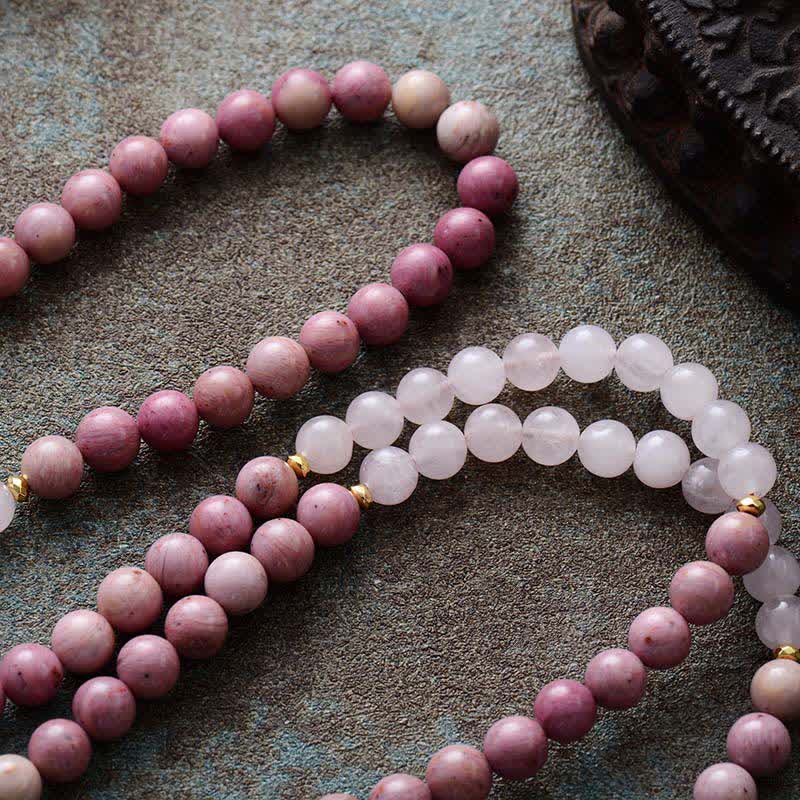 Olivenorma 108 Rhodonite Mala Beads Tassels Rosary Necklace