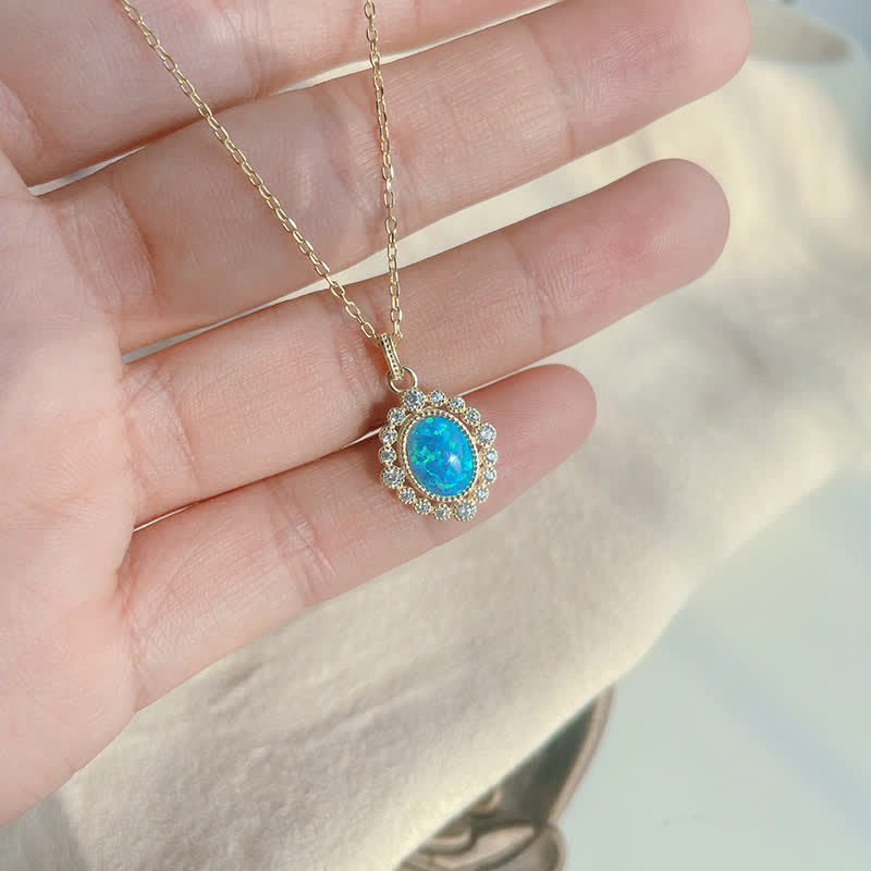 Olivenorma Blue Opal Oval Engraved Pendant Necklace