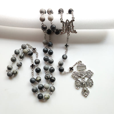 Olivenorma Black Network Agate Holy Mother Cross Rosary Necklace