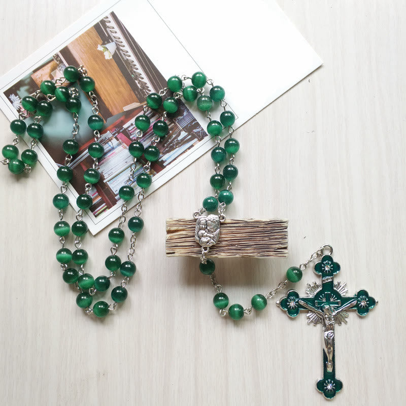 Olivenorma Green Cat's Eye Stone Cross Rosary Necklace