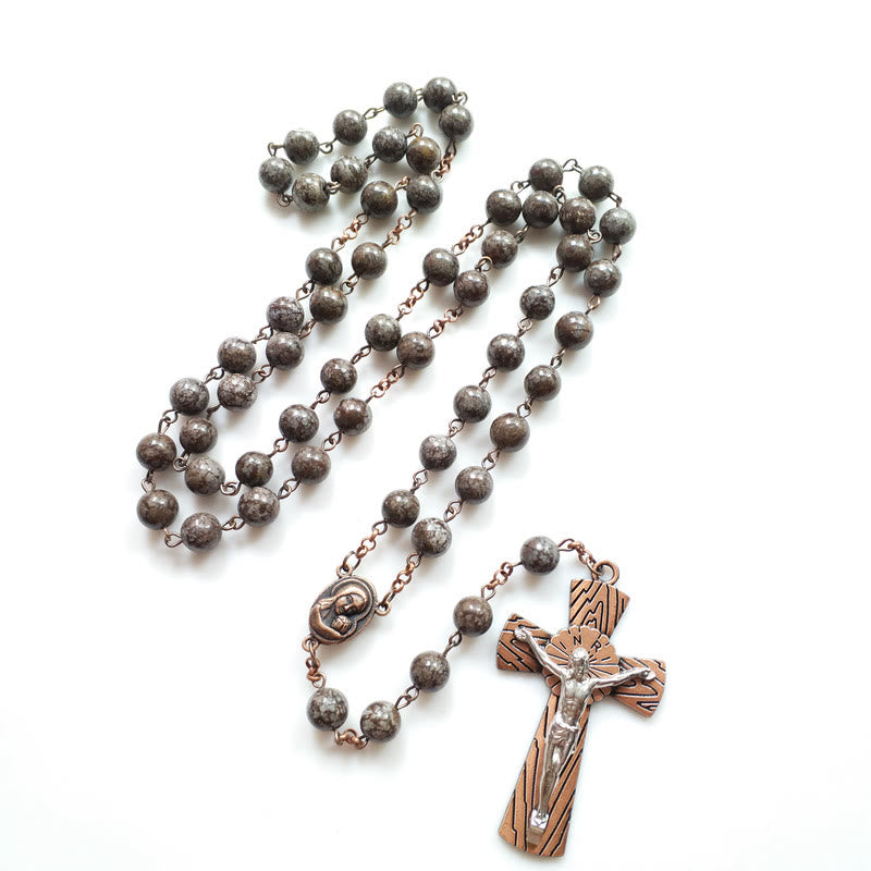 Olivenorma Snowflake Obsidian Jesus Cross Rosary Necklace