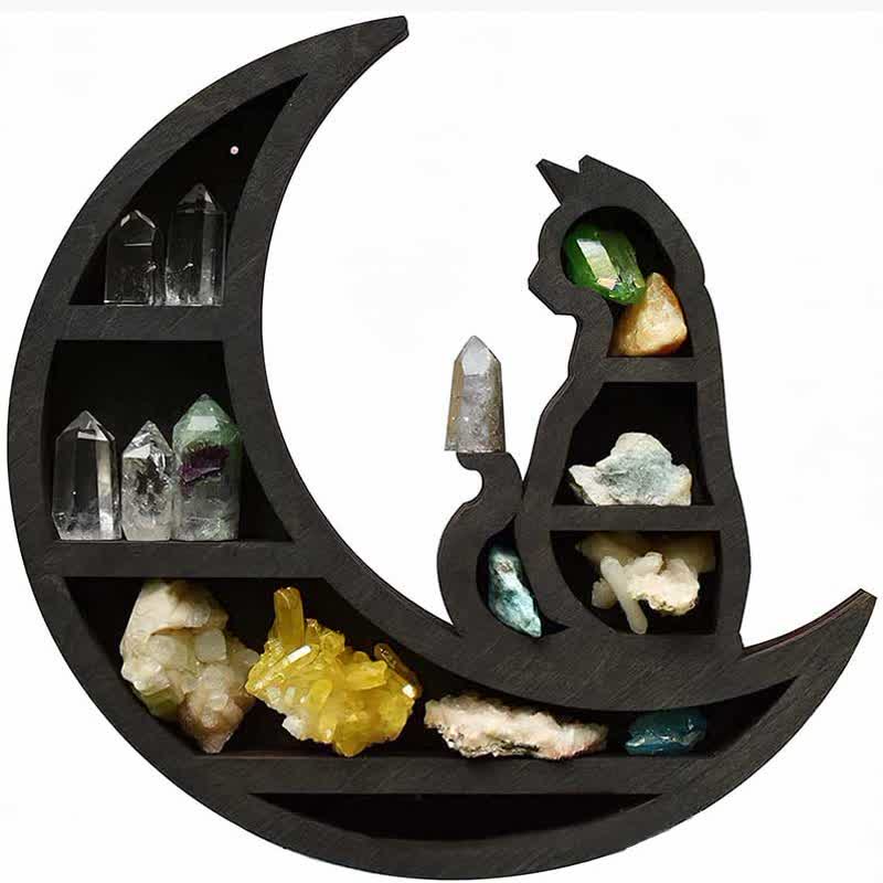 Olivenorma Crescent Moon & Cat Wooden Crystal Shelf