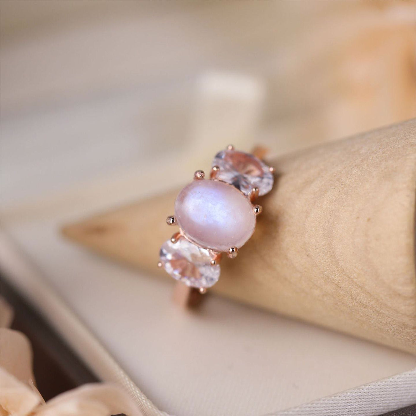 Olivenorma Three Diamonds Moonstone White Zircon Rose Gold Ring