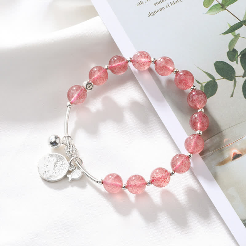 Olivenorma Strawberry Quartz Beaded Cat Bell Pendant Bracelet