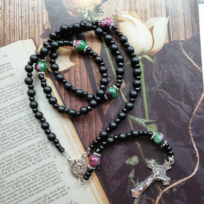 Olivenorma Black Onyx Ruby Zoisite Cross Rosary Necklace