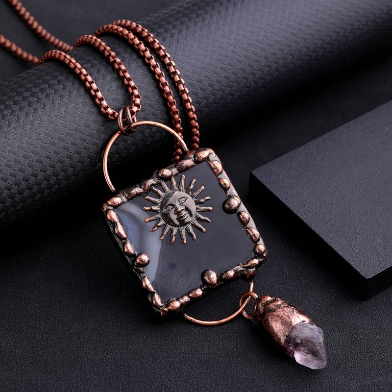 Olivenorma Sun God Black Agate Irregular Amethyst Gemstone Necklace