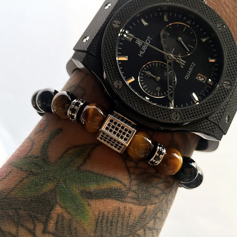 Olivenorma Men's Frosted Black Bead Tiger Eye Bracelet