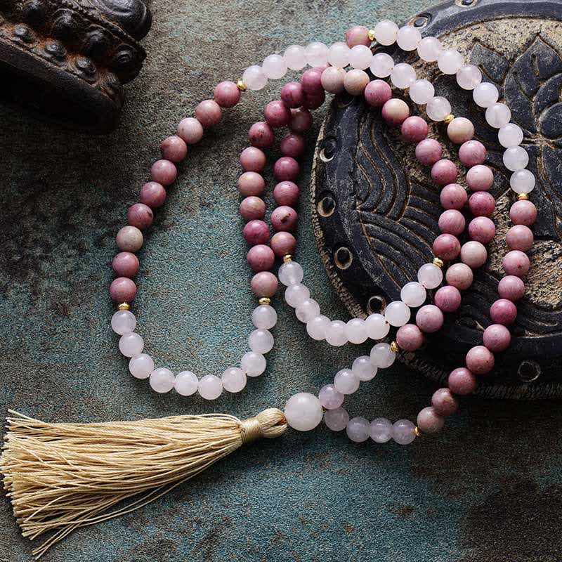 Olivenorma 108 Rhodonite Mala Beads Tassels Rosary Necklace