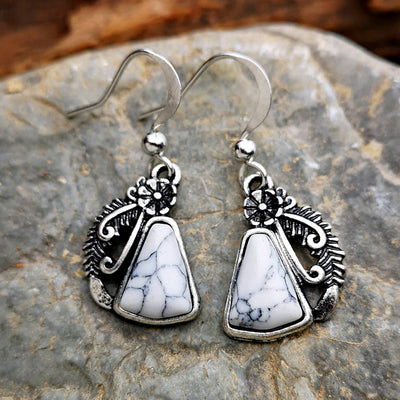 Olivenorma White Turquoise Silver Carved Feather Earrings