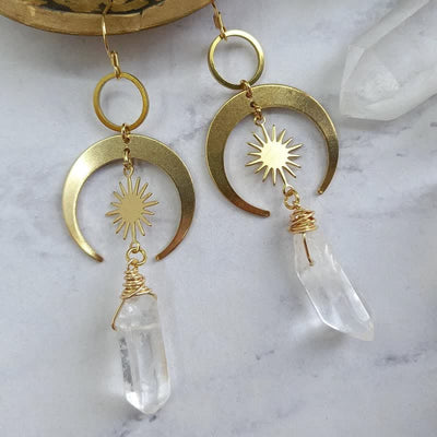 Olivenorma Clear Crystal Crescent Moon With Sun Earrings