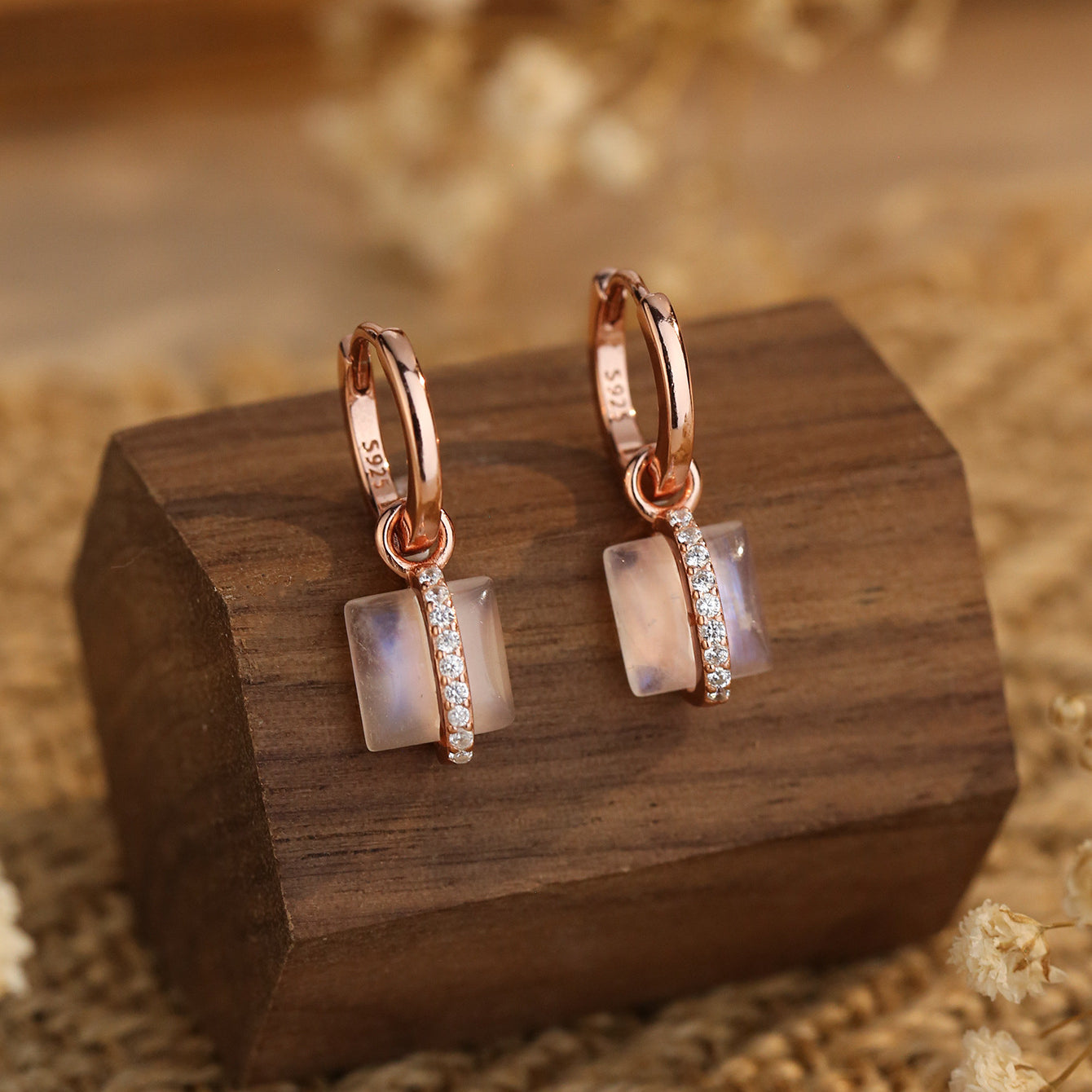 Olivenorma Square Moonstone S925 Silver Rose Gold Earrings