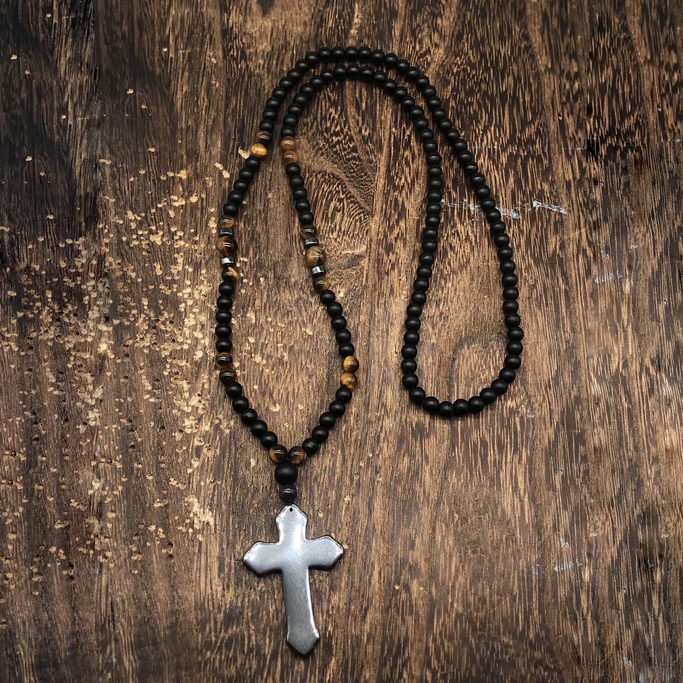 Olivenorma Wood Beads Stone Cross Pendant Rosary Necklace