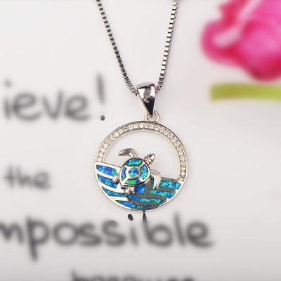 Olivenorma Hawaiian Blue Opal Swimming Turtle Pendant Necklace