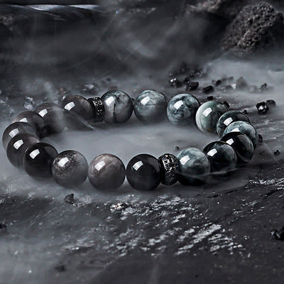 Olivenorma Hawk's Eye Quartz Silver Obsidian Beaded Bracelet