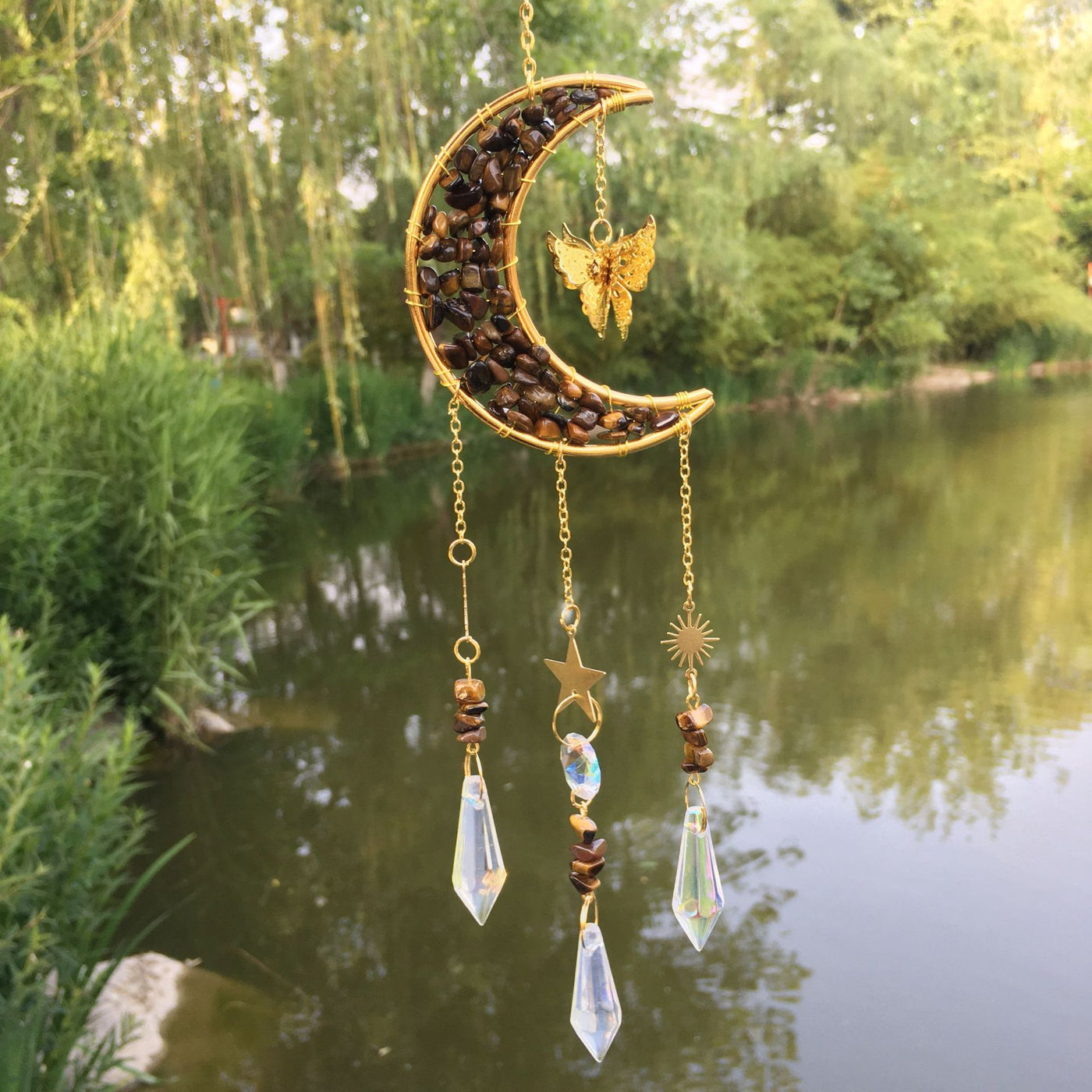 Olivenorma Natural Crystal Gravel Moon Butterfly Wind Chime