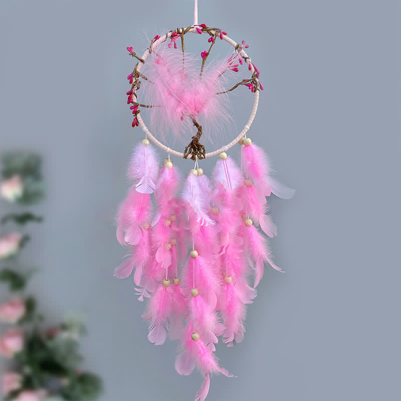 Olivenorma "Ten Miles of Peach Blossoms" Pink Feather Dream Catcher