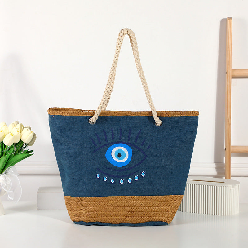 Olivenorma Evil Eye Canvas Straw Patchwork Beach Tote Bag