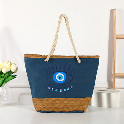 Olivenorma Evil Eye Canvas Straw Patchwork Beach Tote Bag