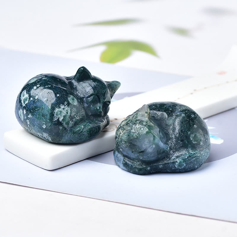 Olivenorma Moss Agate Sleeping Cat Carving Gemstone Decoration