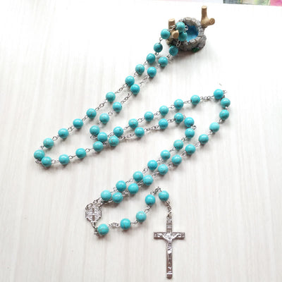 Olivenorma Turquoise Silver Cross Charm Rosary Necklace