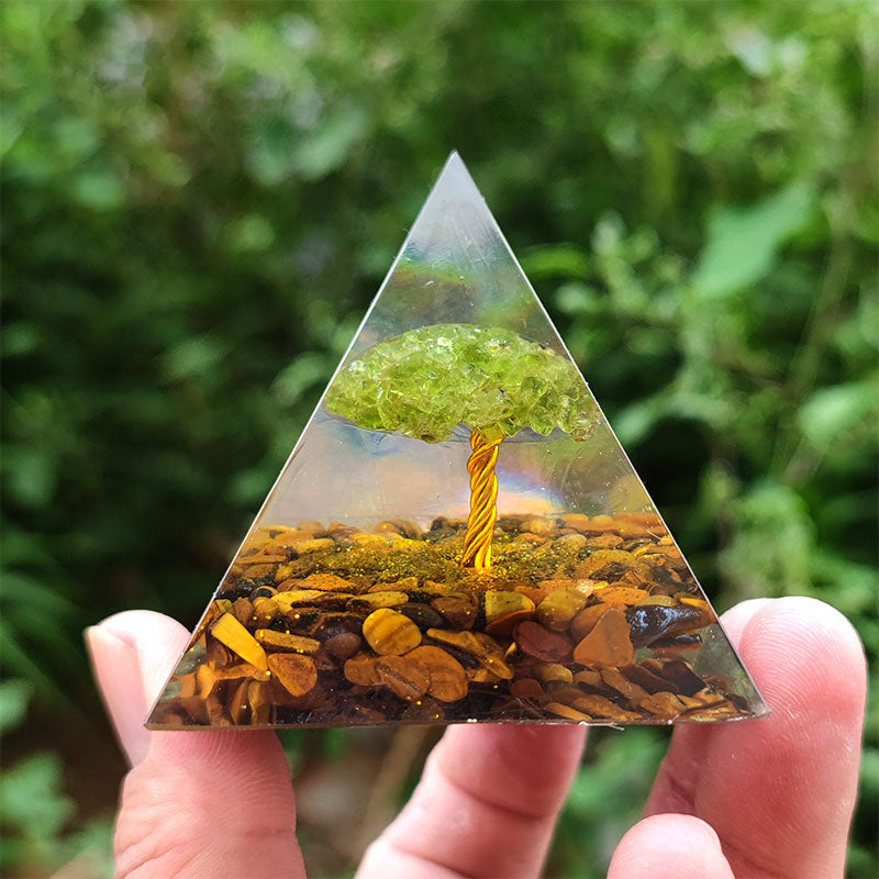 Olivenorma Tiger Eye with Peridot Tree Of Life Orgone Pyramid