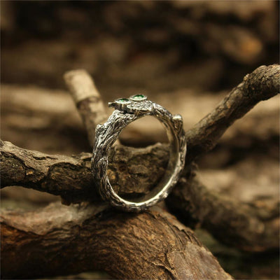 Olivenorma Emerald Owl On The Branch Silver Engagement Ring