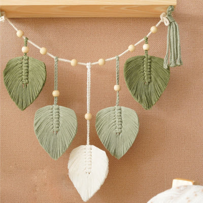 Olivenorma Weave Green Leaves Macrame Wood Shelf Wall Decor