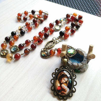 Olivenorma Agate Lady Holy Medal Pendant Rosary Necklace