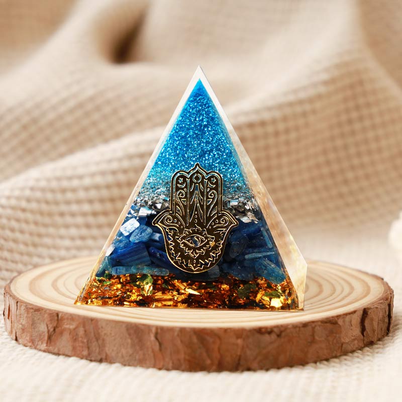 Olivenorma Kyanite With Hamsa Protection Orgone Pyramid